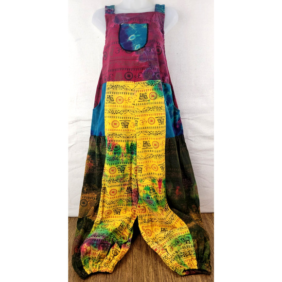 Boho Patchwork Tie Dye Om Print Overalls S-L Adjustable Straps Pockets - Picture 1 of 11